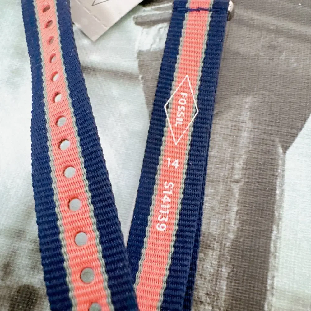 NWT Fossil S141139 14mm Canvas Watch Strap Navy Coral Stripe Ladies Band